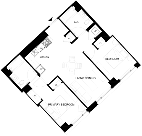 Floor plan for 2 beds, 2 baths, 776 sqft
